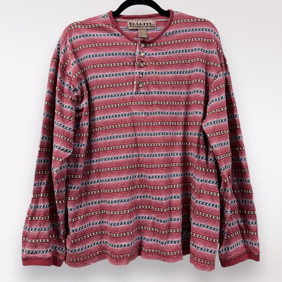 Vtg BUM Equipment | Medium Geometric Red Men's Long Sleeve Shirt Buttoned Soft‎ - Picture 1 of 8